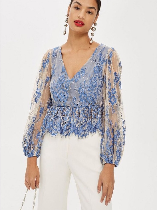 Topshop Tops - Topshop Blue Lace V-Neck Sheer Balloon Sleeve Blouse